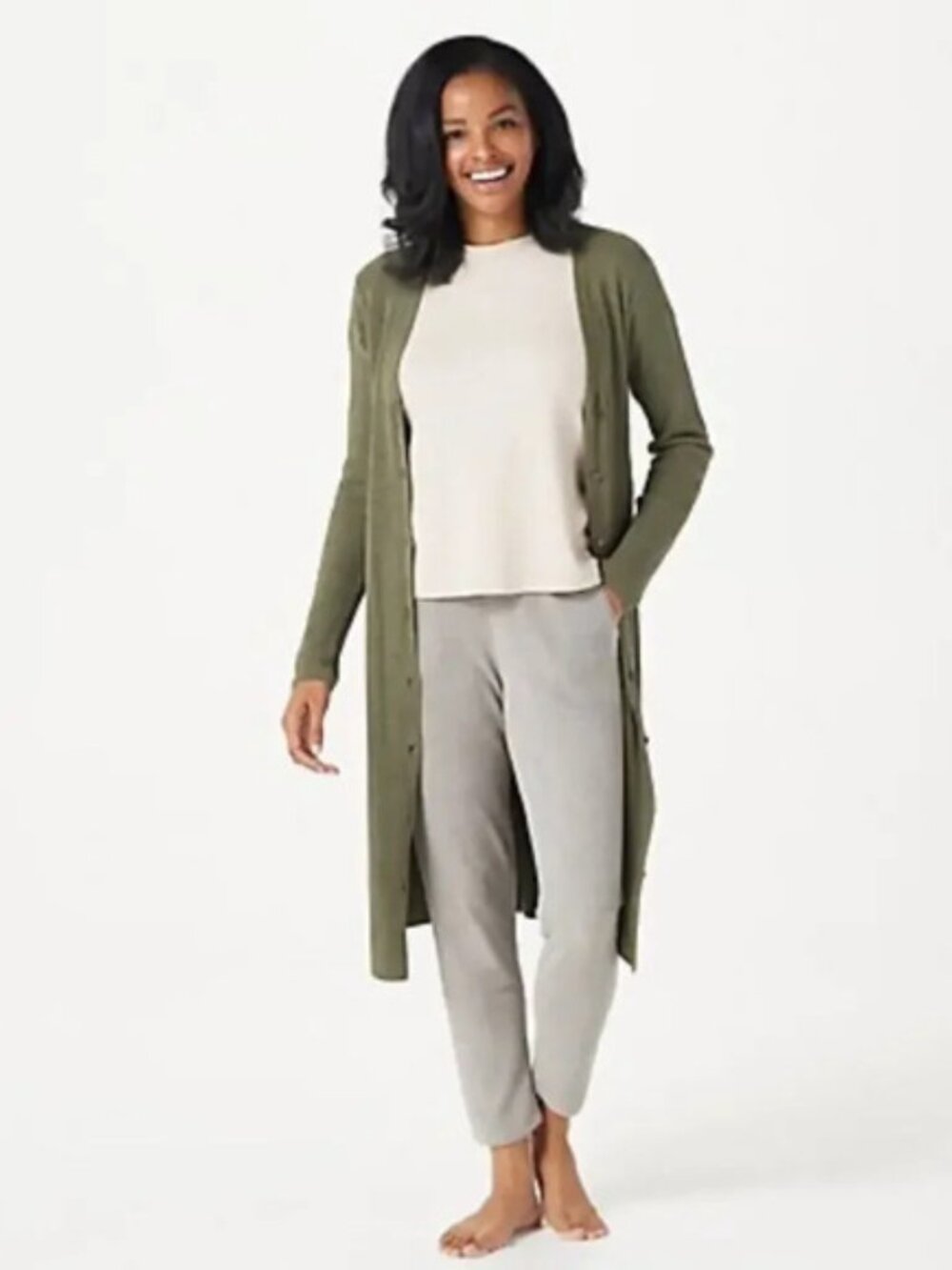 Barefoot Dreams Long Olive Green Button-Front Cardigan, XS